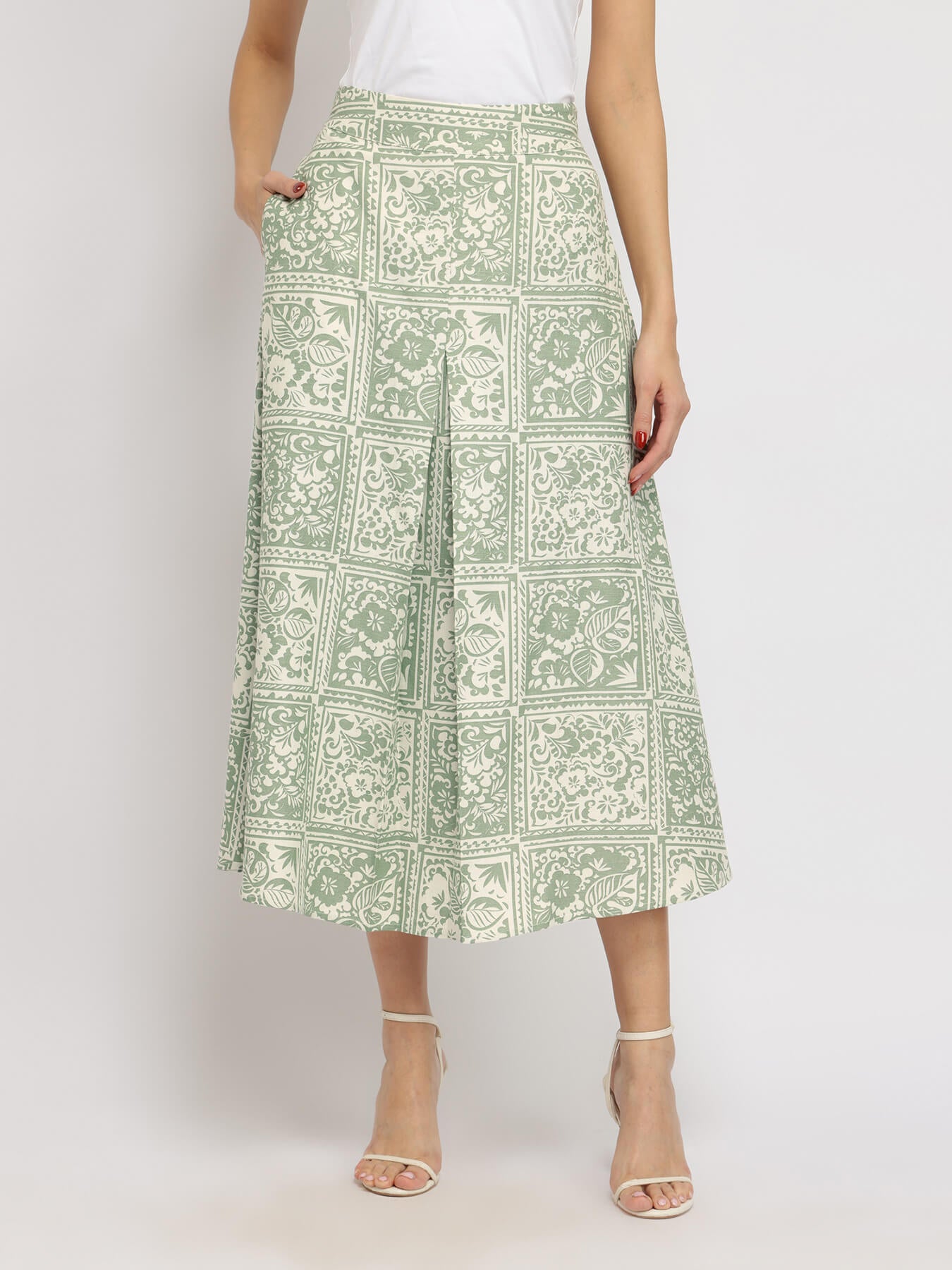 Linen Blend Pleated Skirt - Green