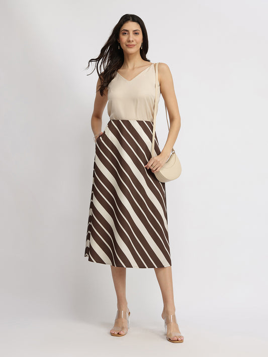 Satin Striped  A-Line Skirt - Brown