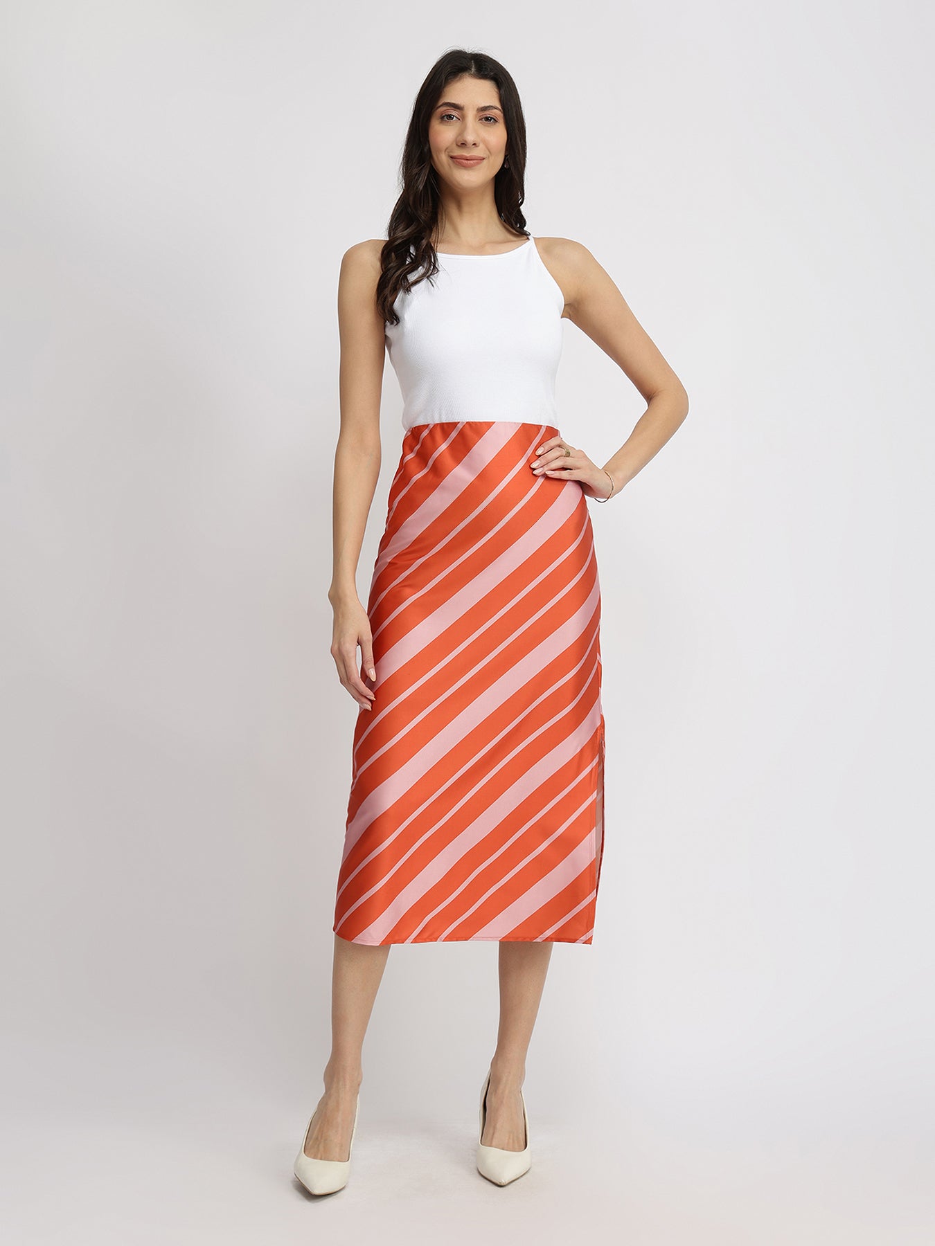 Satin Striped  A-Line Skirt - Orange