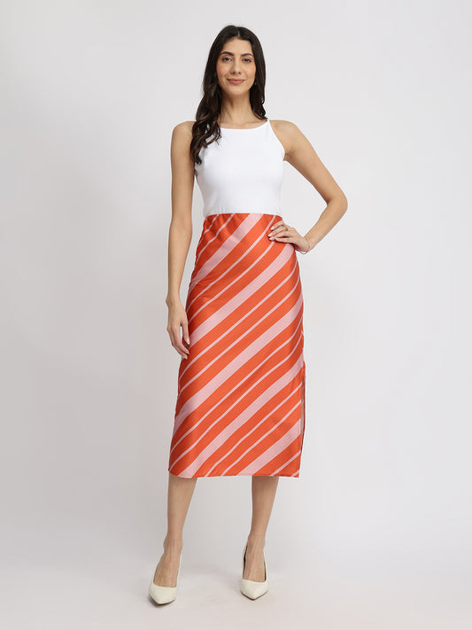 Satin Striped  A-Line Skirt - Orange