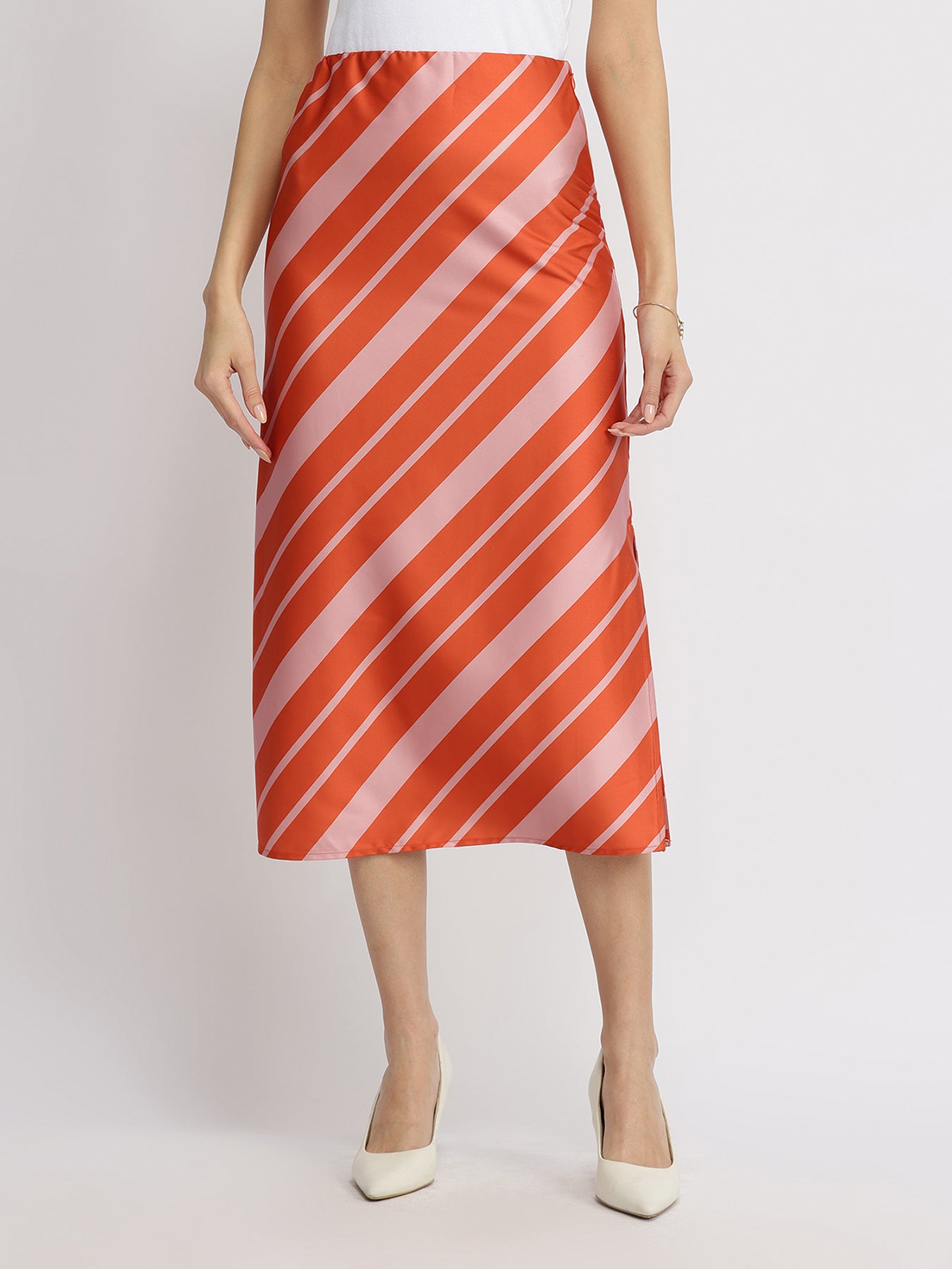 Satin Striped  A-Line Skirt - Orange