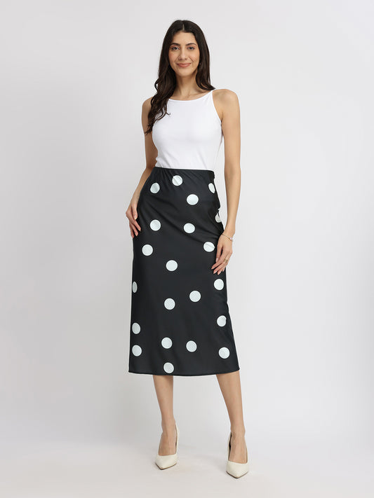 Satin Polka Dot Fitted Skirt - Black
