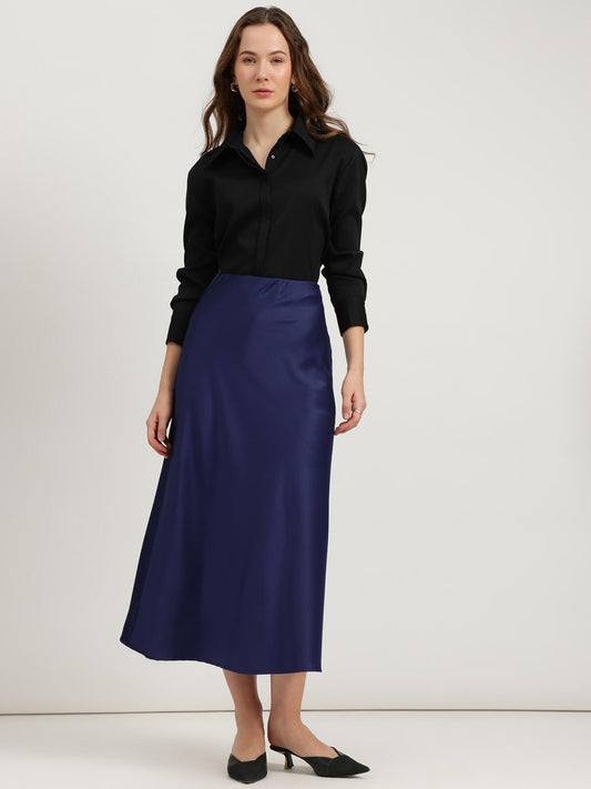 Satin A-Line Skirt - Navy Blue