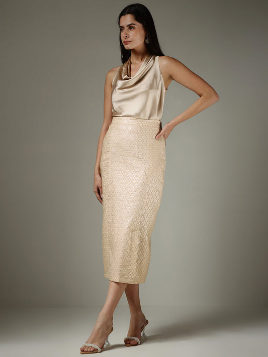 Brocade Front Slit Midi Skirt - Beige
