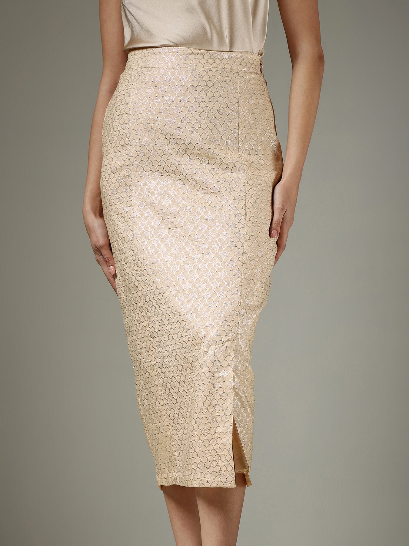 Brocade Front Slit Midi Skirt - Beige