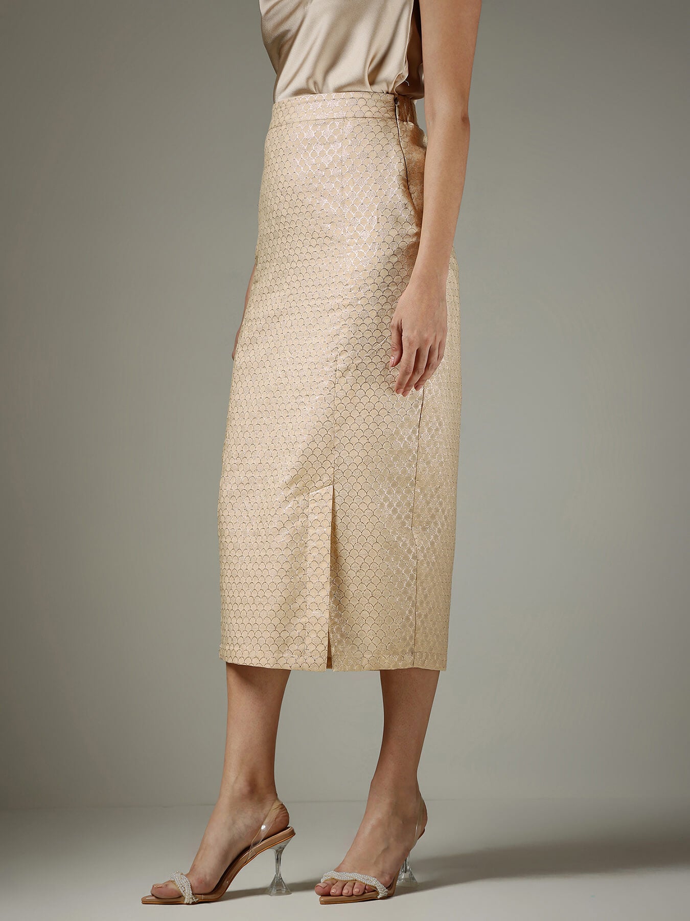 Brocade Front Slit Midi Skirt - Beige