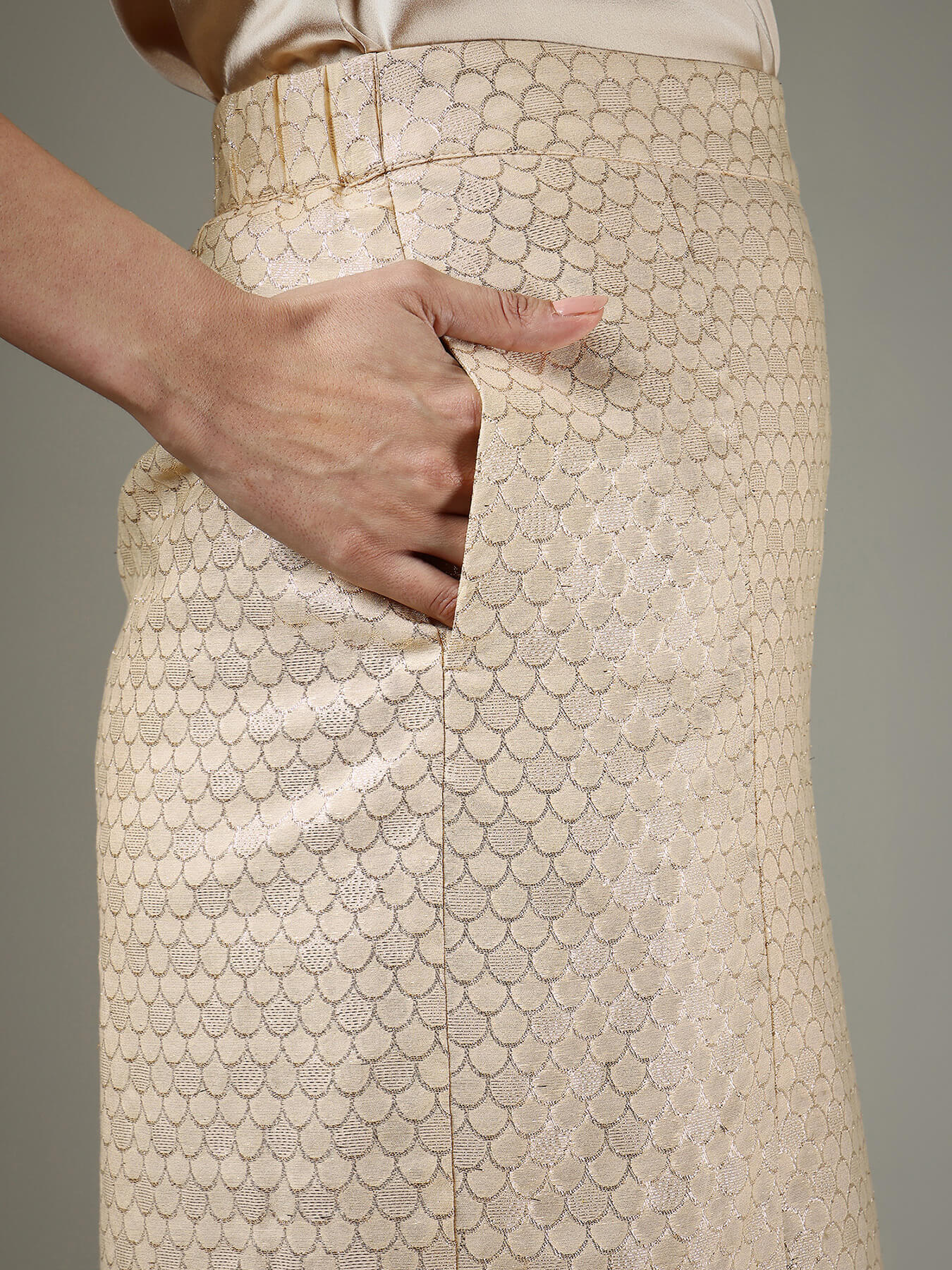 Brocade Front Slit Midi Skirt - Beige