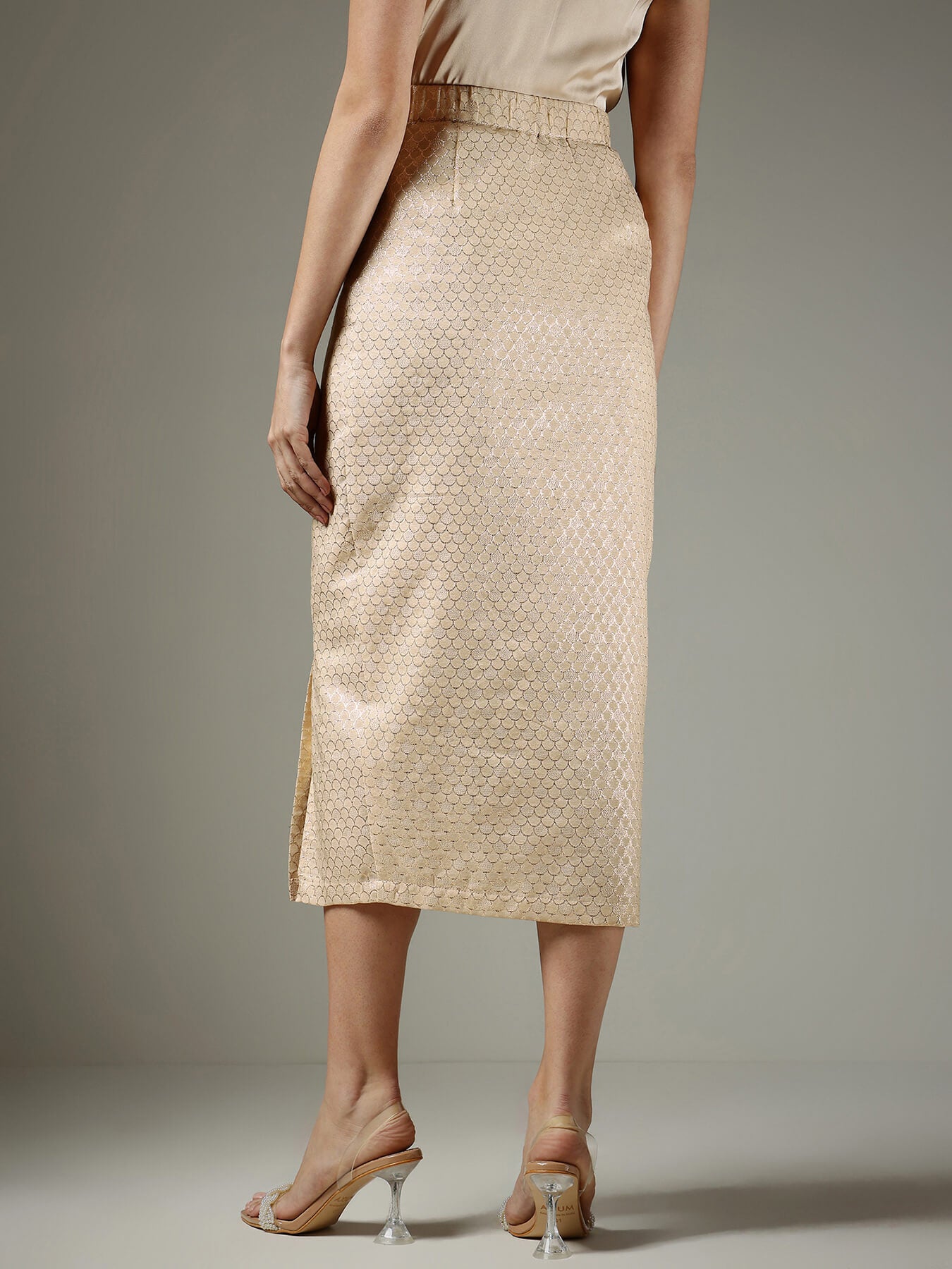 Brocade Front Slit Midi Skirt - Beige