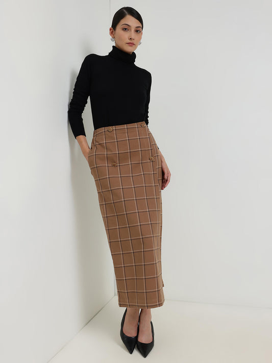 Cotton Plaid Wrap Midi Skirt - Brown