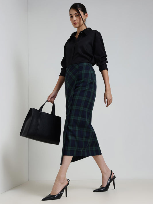 Cotton Checkered Wrap Midi Skirt - Blue