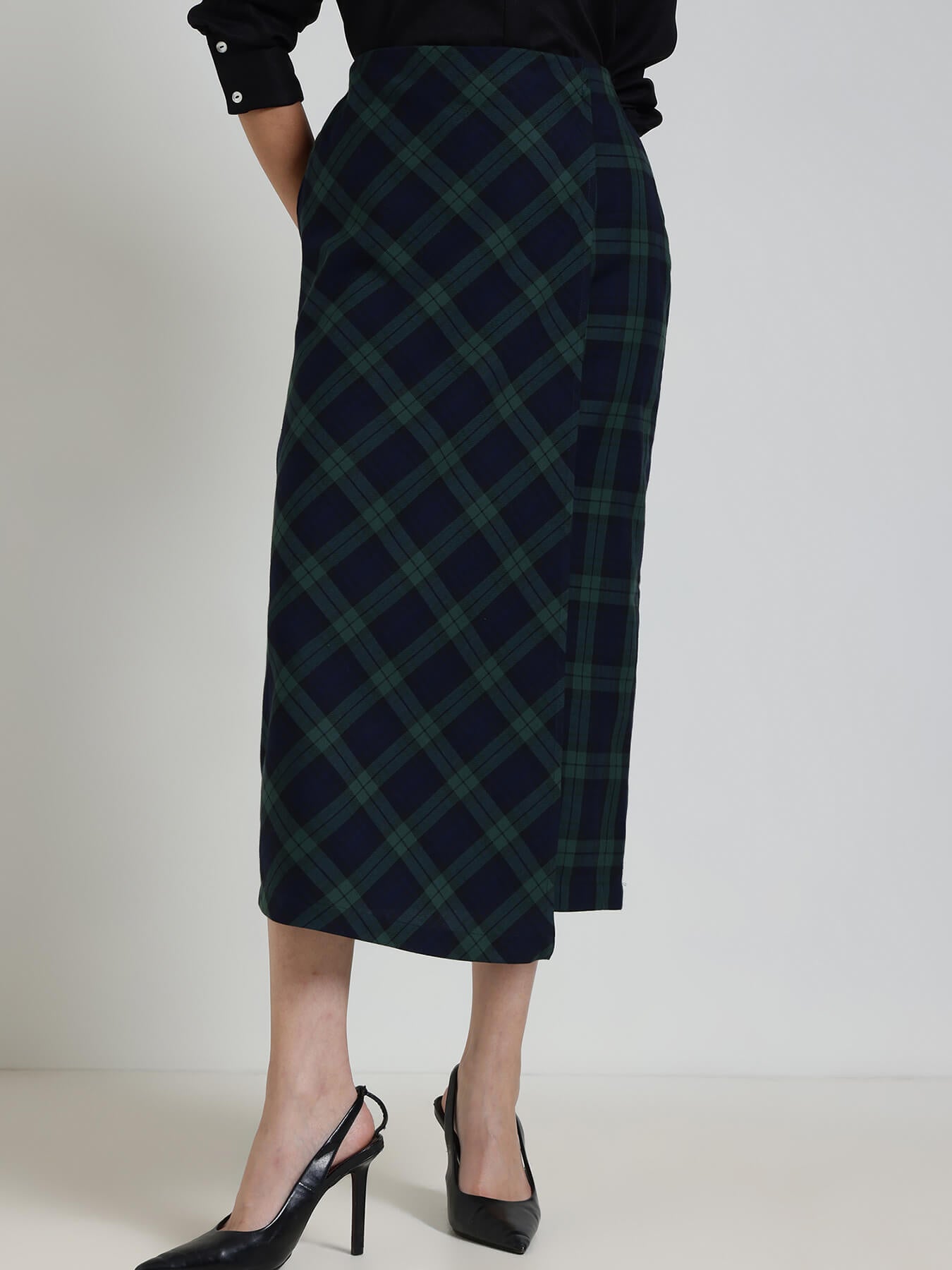 Cotton Checkered Wrap Midi Skirt - Blue