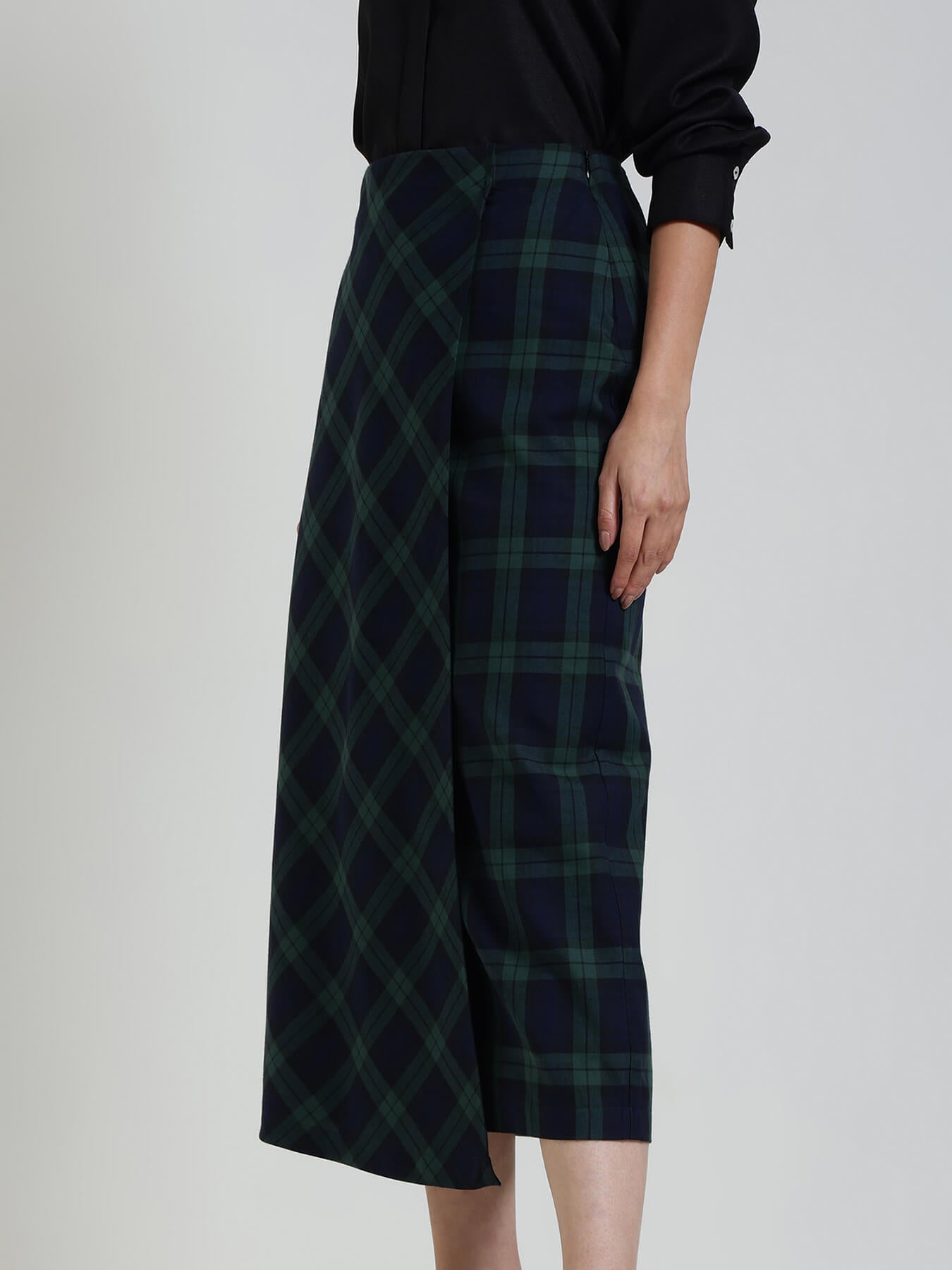 Cotton Checkered Wrap Midi Skirt - Blue