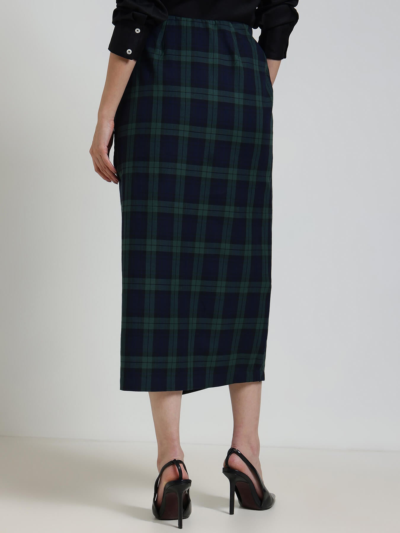 Cotton Checkered Wrap Midi Skirt - Blue