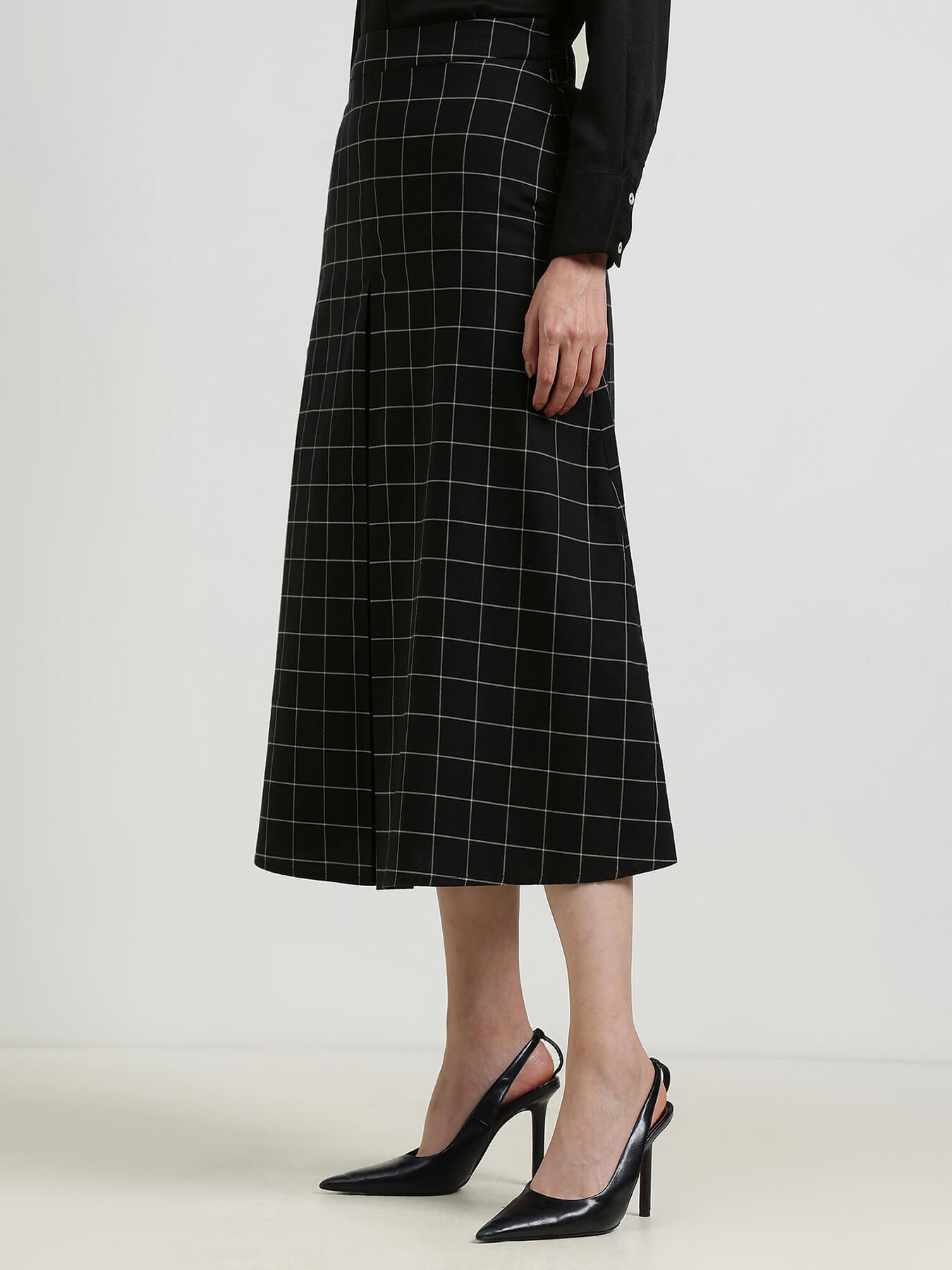 Cotton Plaid A-line Skirt - Black