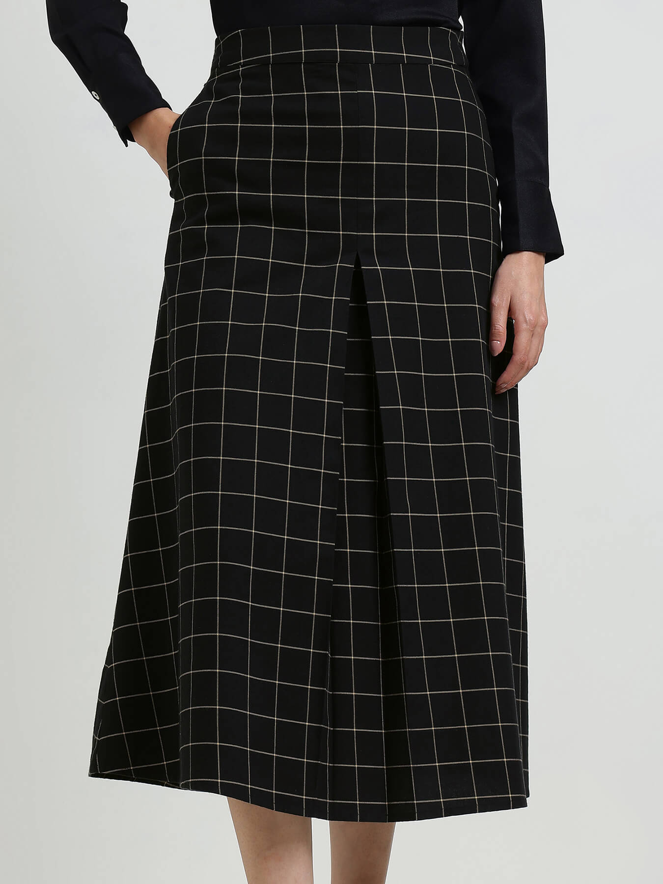 Cotton Plaid A-line Skirt - Black