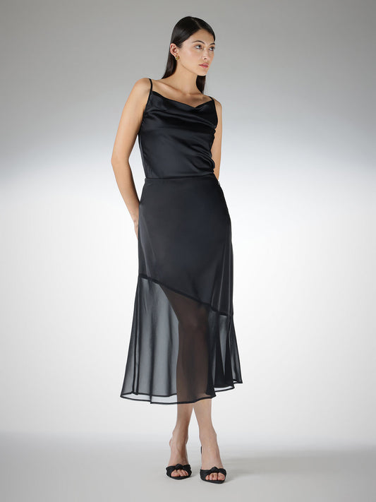 Satin A-Line Sheer Skirt - Black