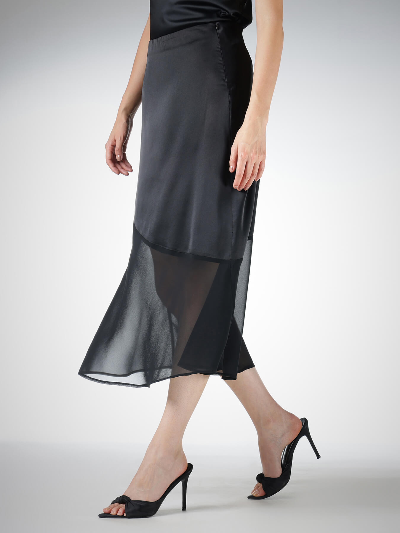 Satin A-Line Sheer Skirt - Black
