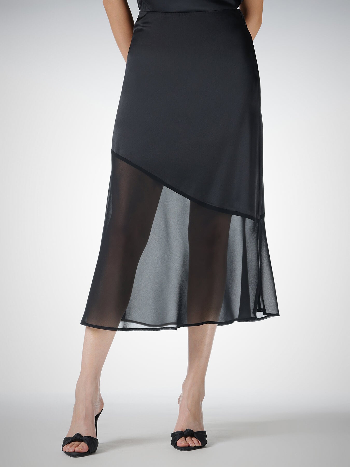 Satin A-Line Sheer Skirt - Black