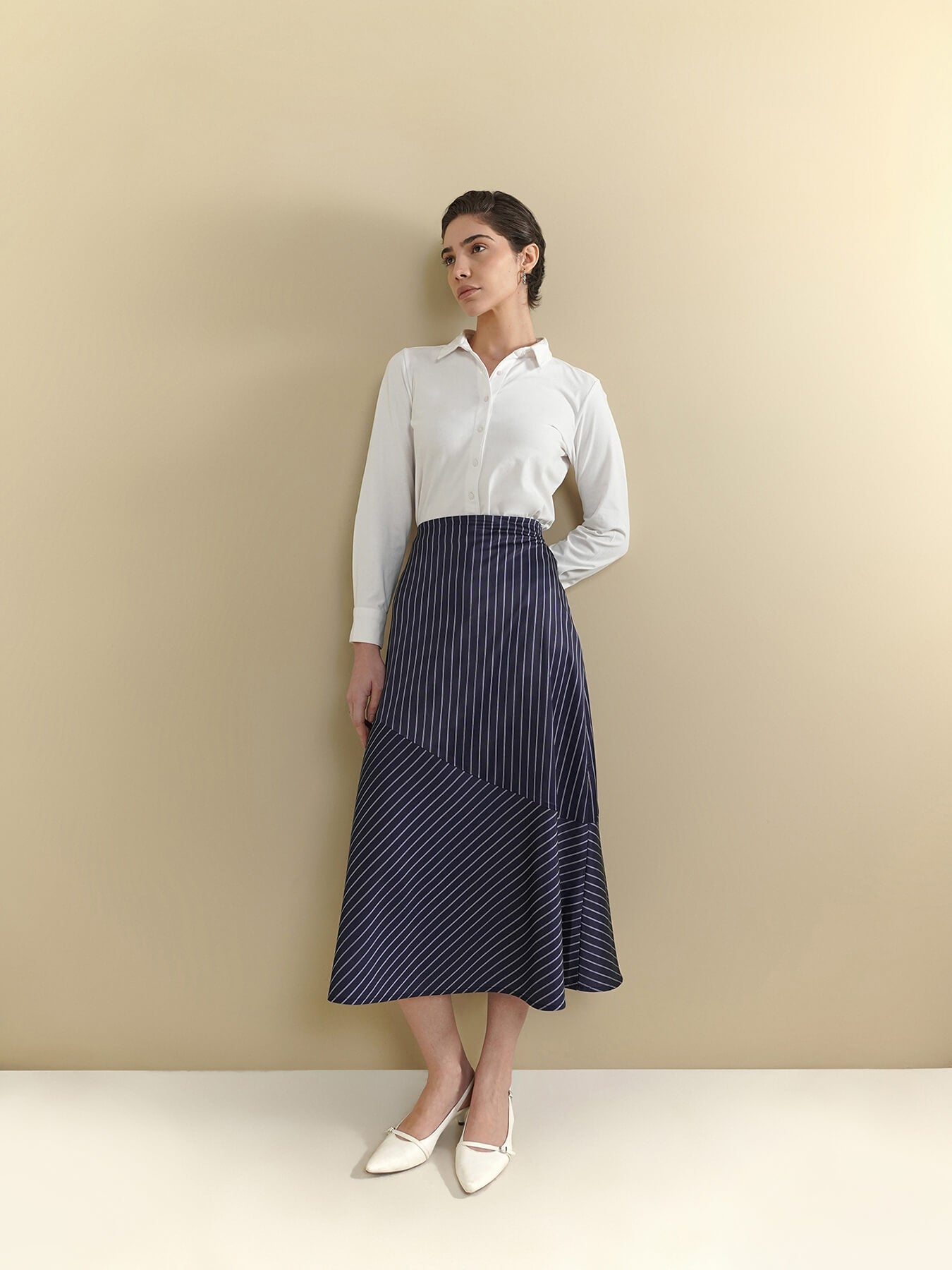 Striped Flared Skirt - Navy Blue