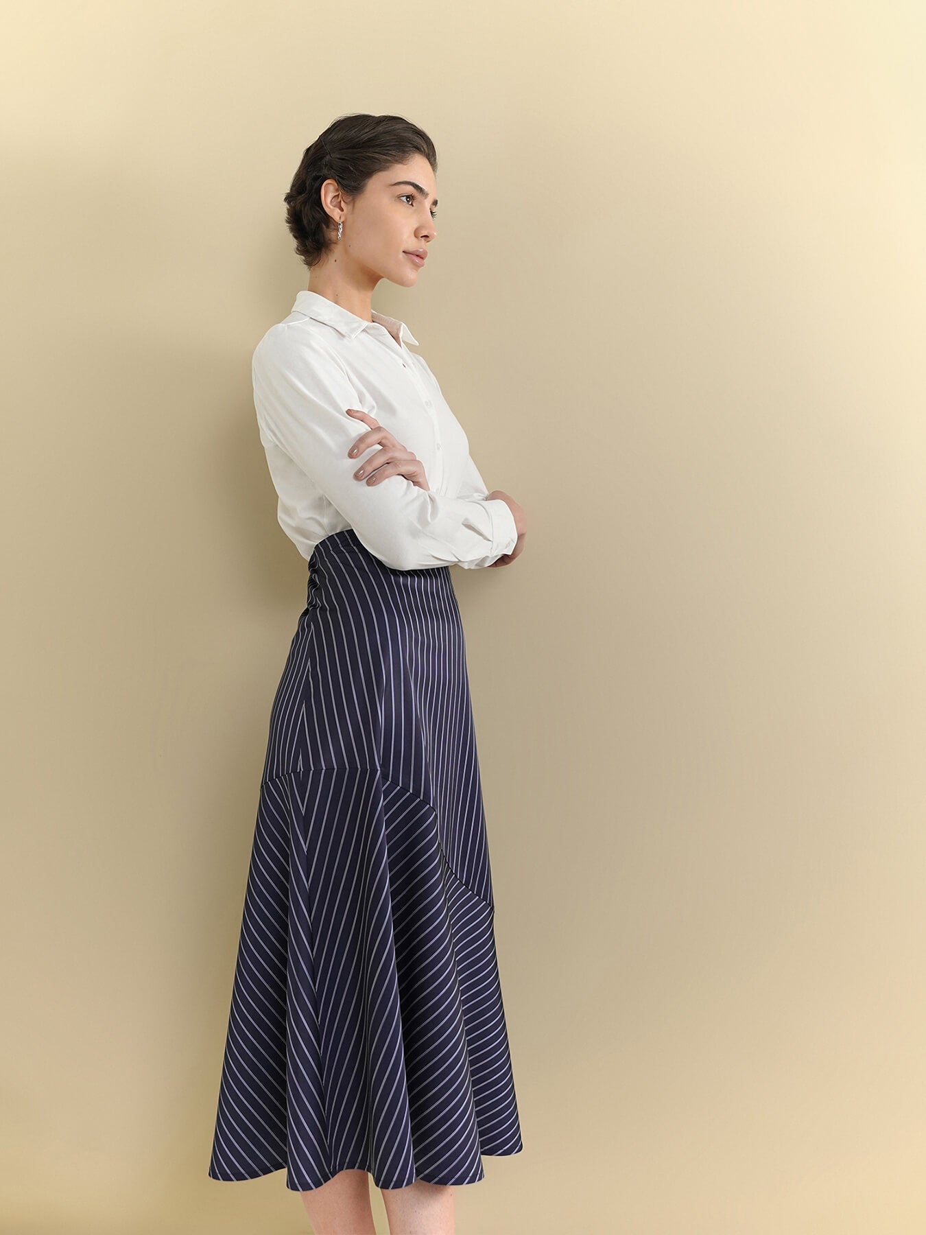 Striped Flared Skirt - Navy Blue