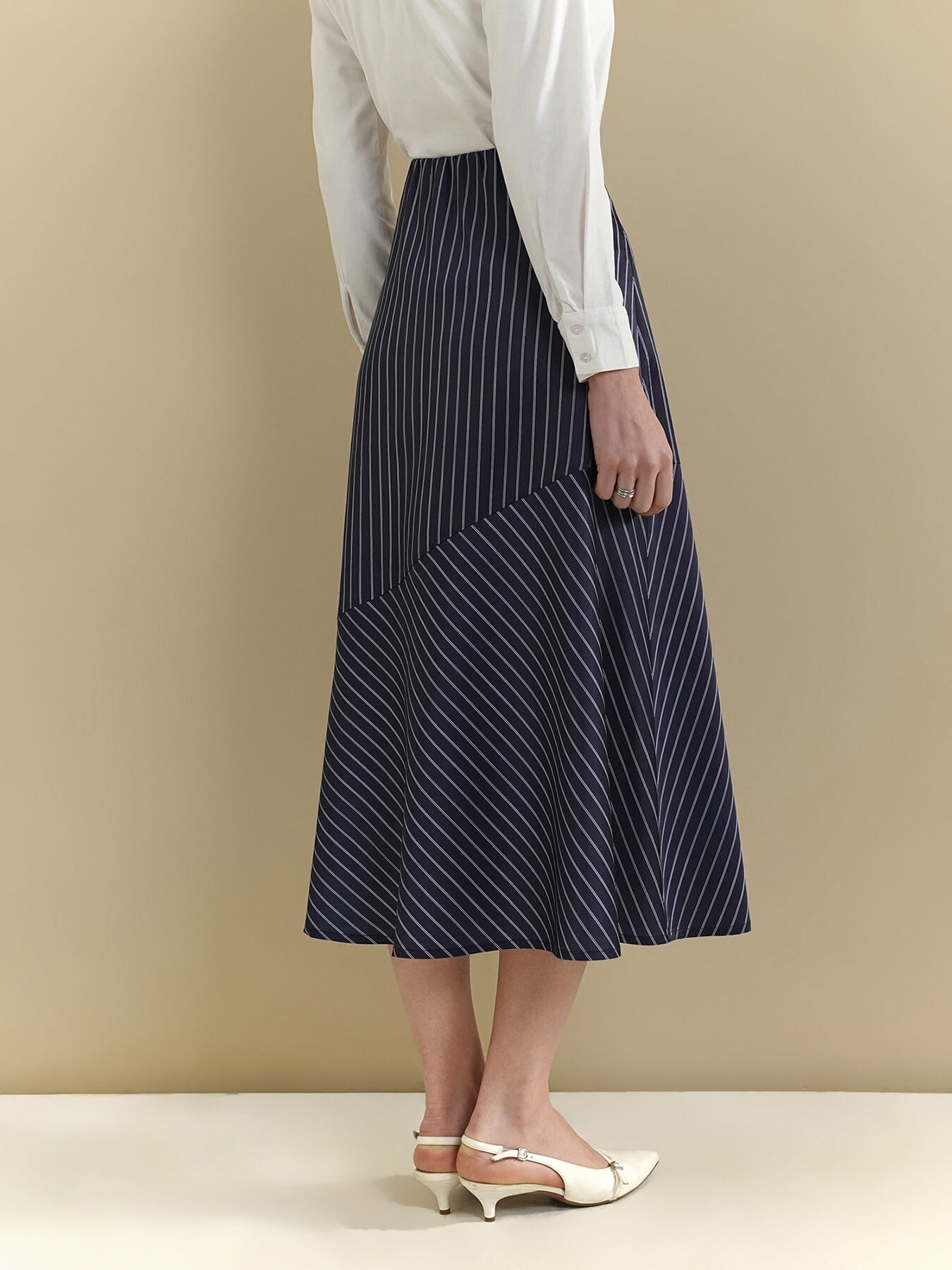 Striped Flared Skirt - Navy Blue