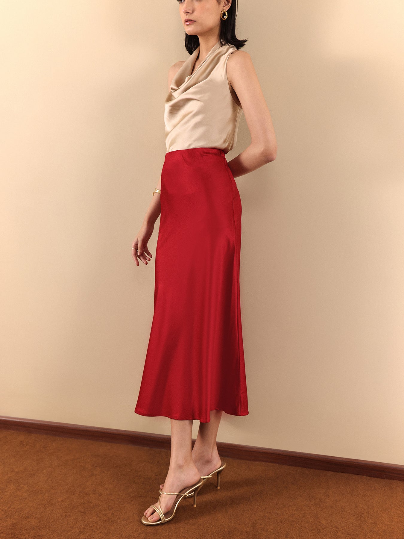 Satin A-Line Midi Skirt - Red