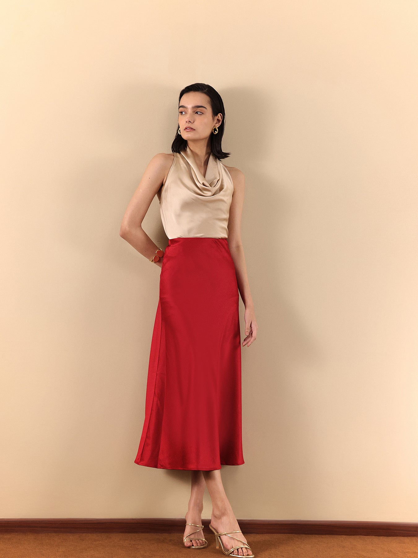 Satin A-Line Midi Skirt - Red
