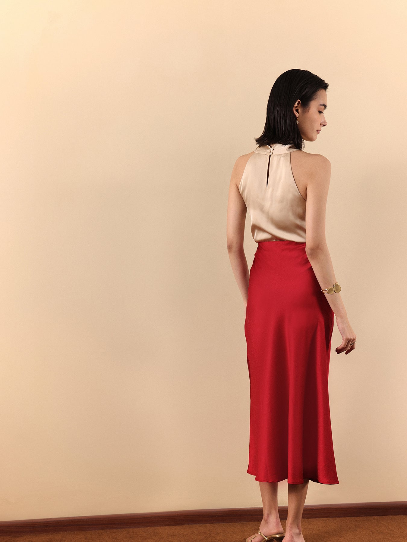 Satin A-Line Midi Skirt - Red