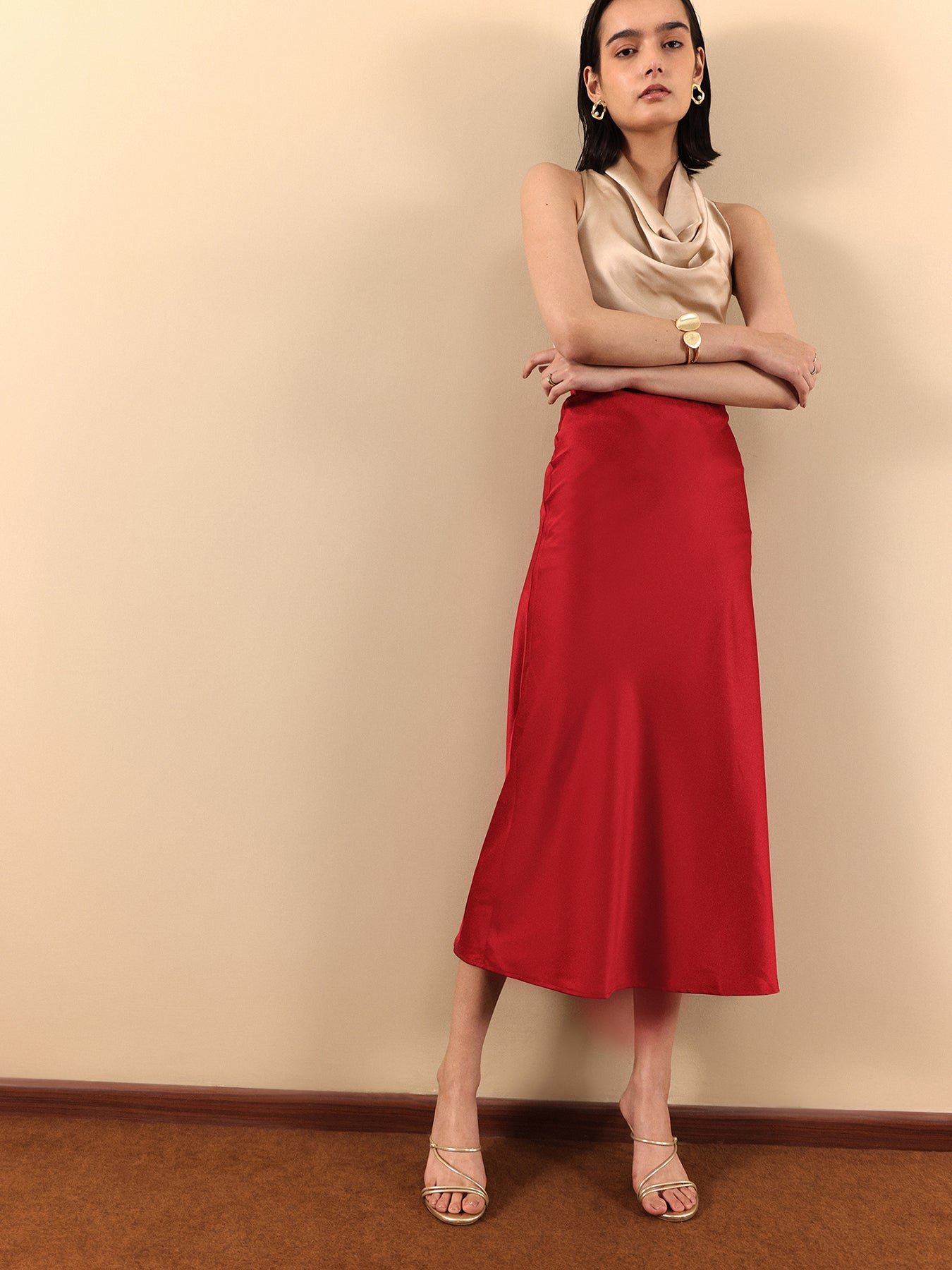 Satin A-Line Midi Skirt - Red