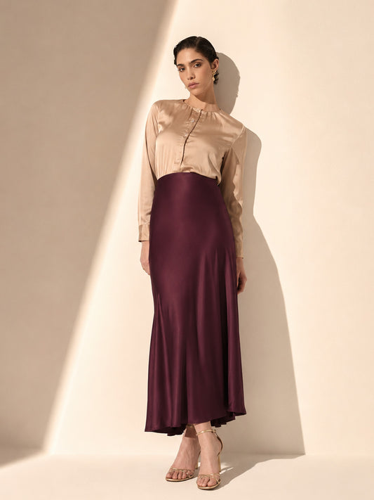 Satin A-Line Midi Skirt - Wine