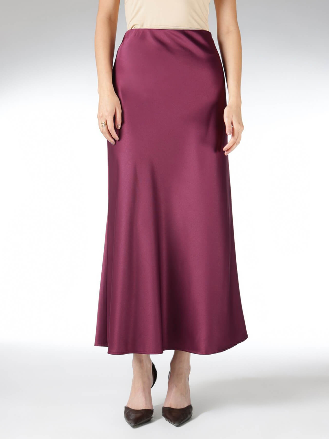 Satin A-Line Midi Skirt - Wine