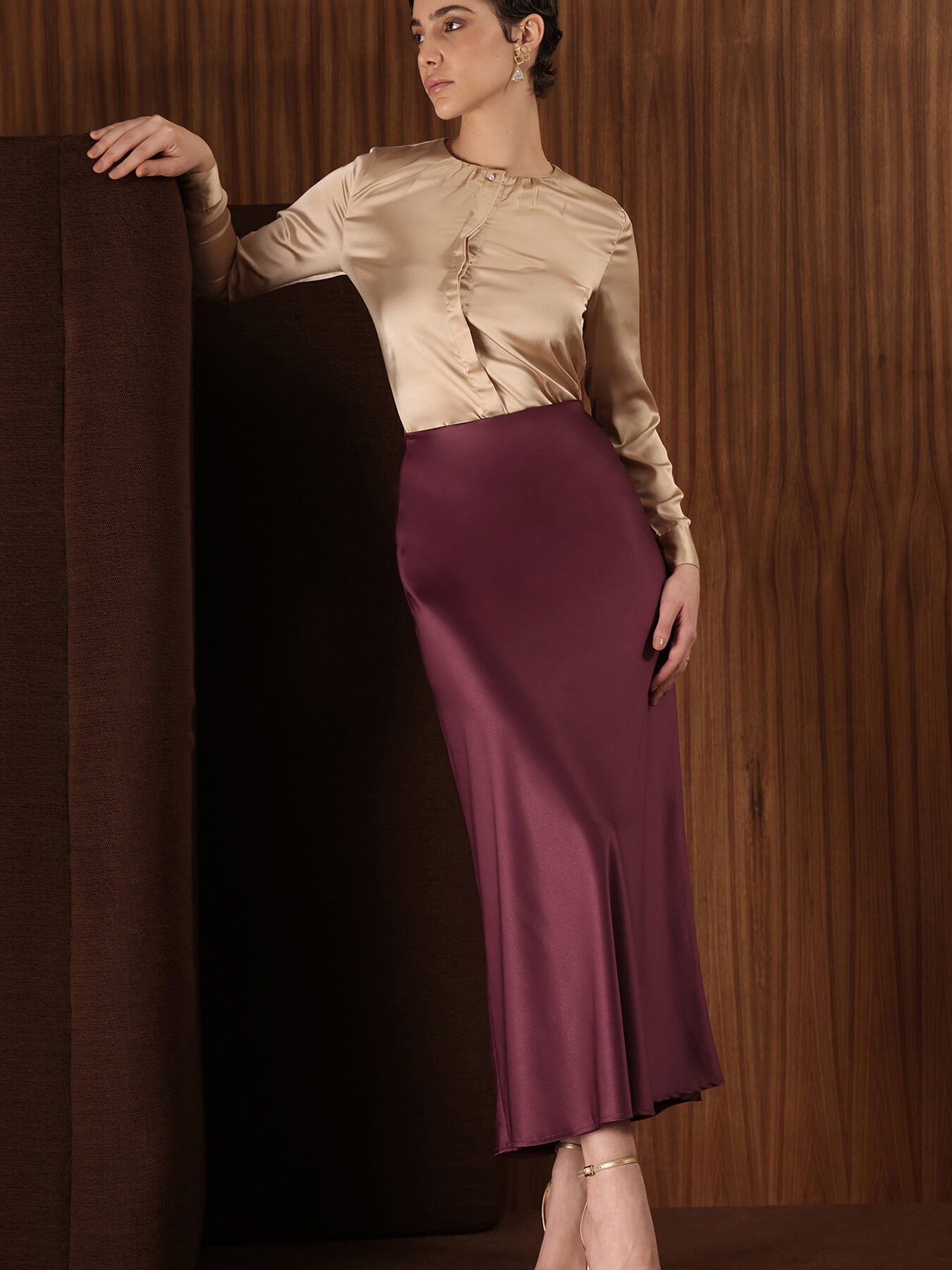 Satin A-Line Midi Skirt - Wine