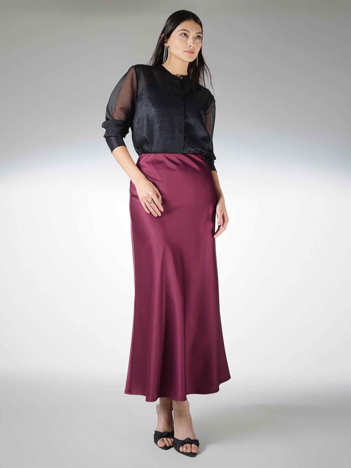 Satin A-Line Midi Skirt - Wine