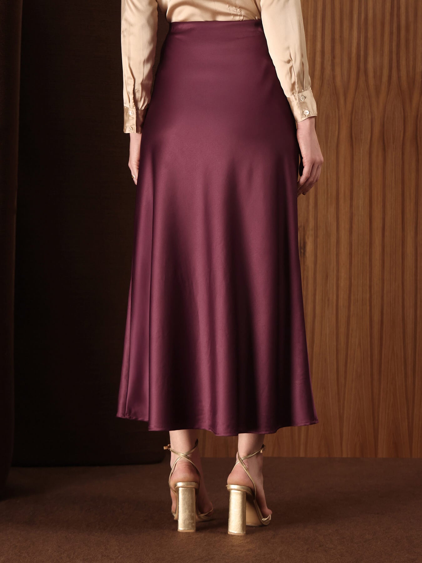 Satin A-Line Midi Skirt - Wine
