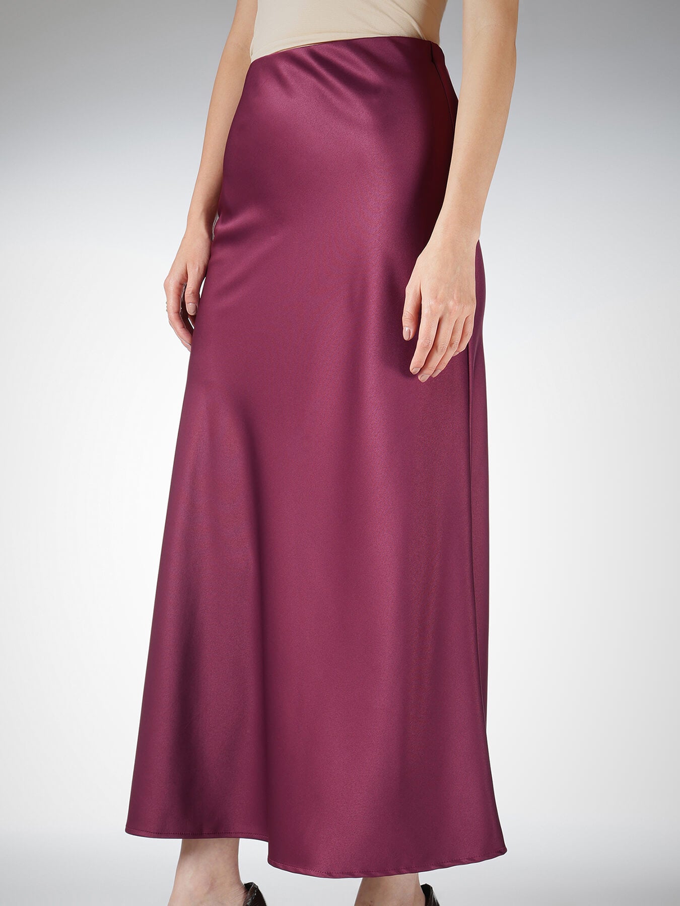 Satin A-Line Midi Skirt - Wine