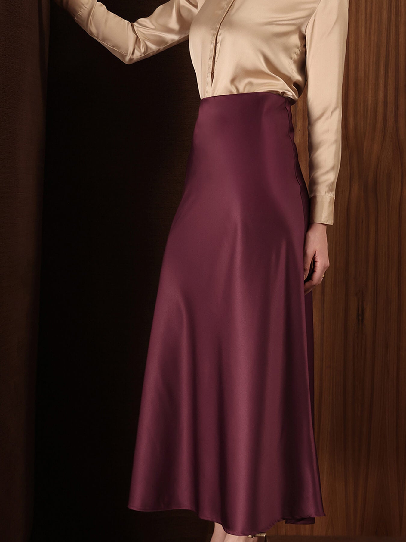 Satin A-Line Midi Skirt - Wine