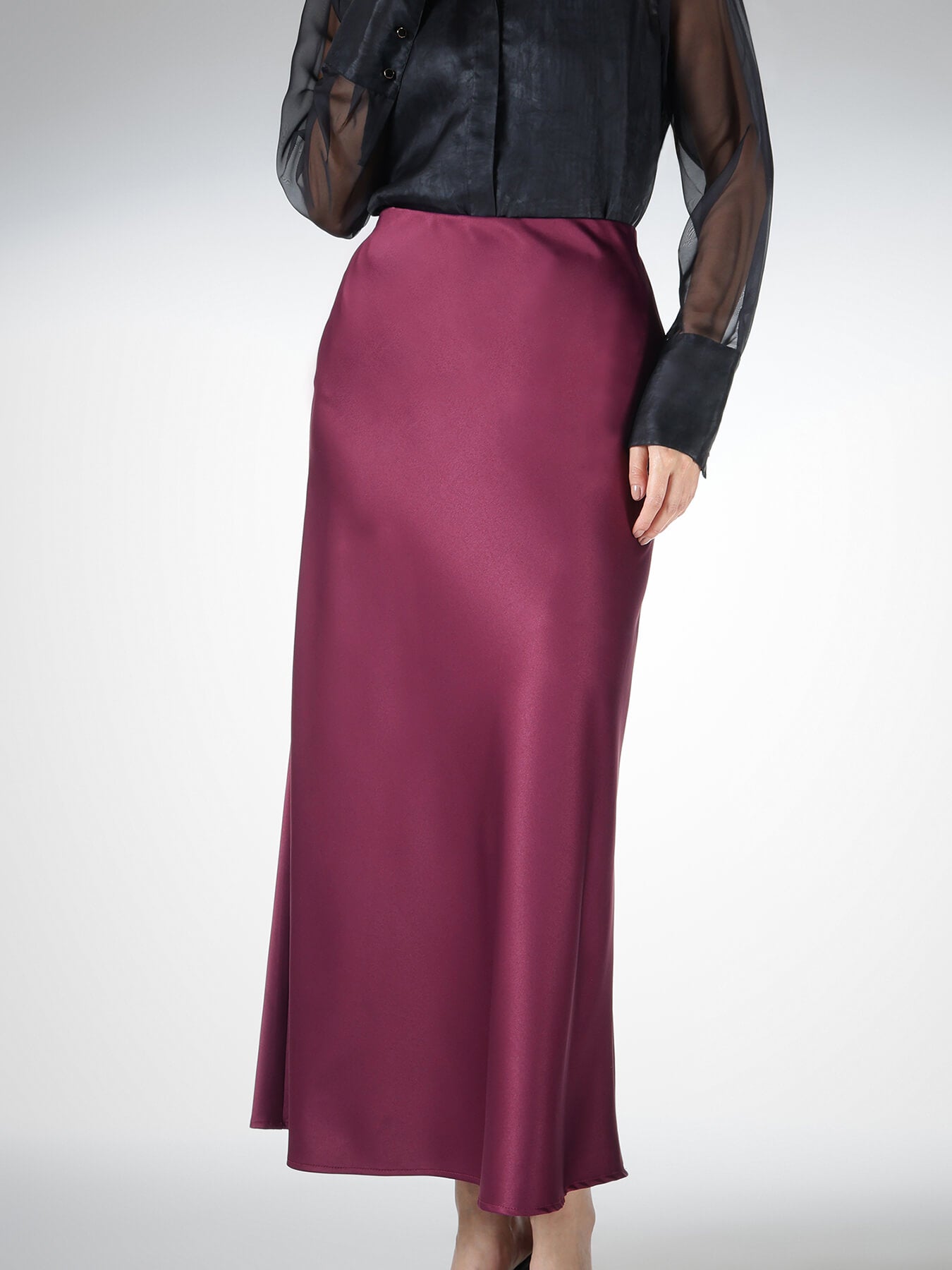 Satin A-Line Midi Skirt - Wine