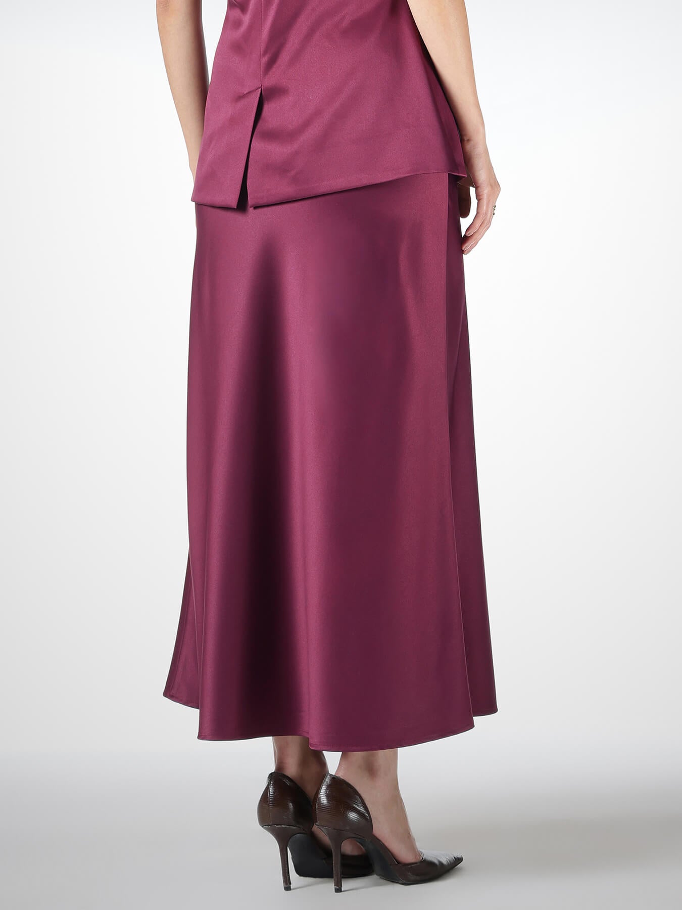 Satin A-Line Midi Skirt - Wine