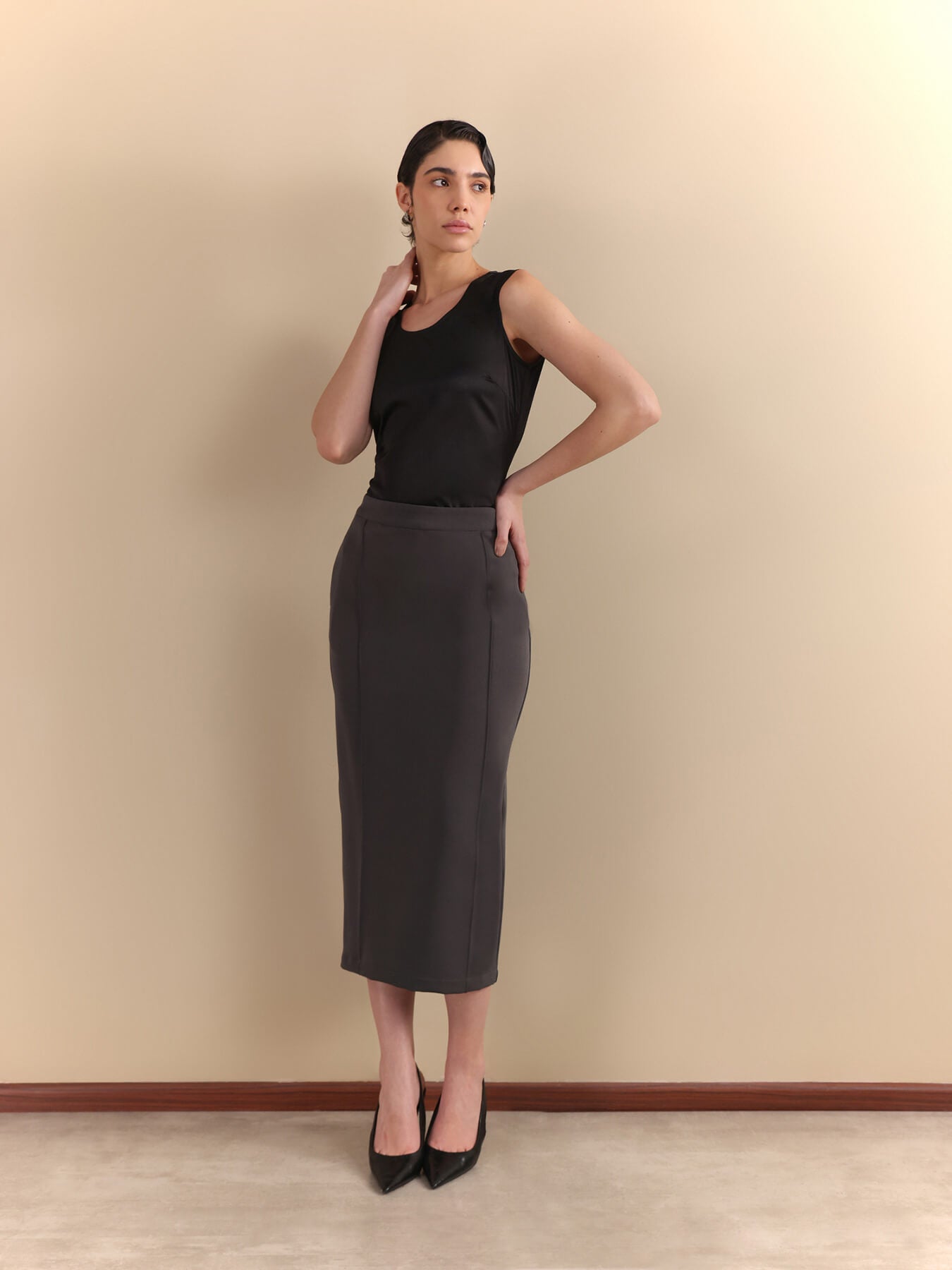 Straight Fit Midi Skirt - Grey