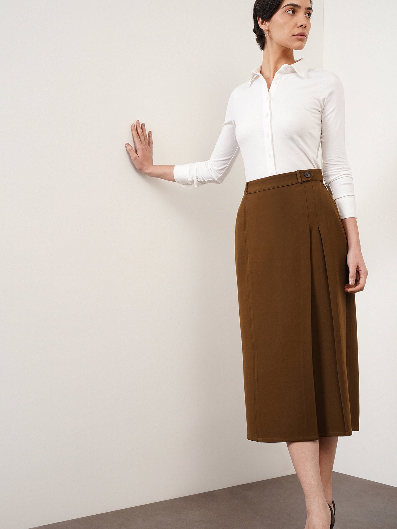 A-Line Pleated Skirt - Brown