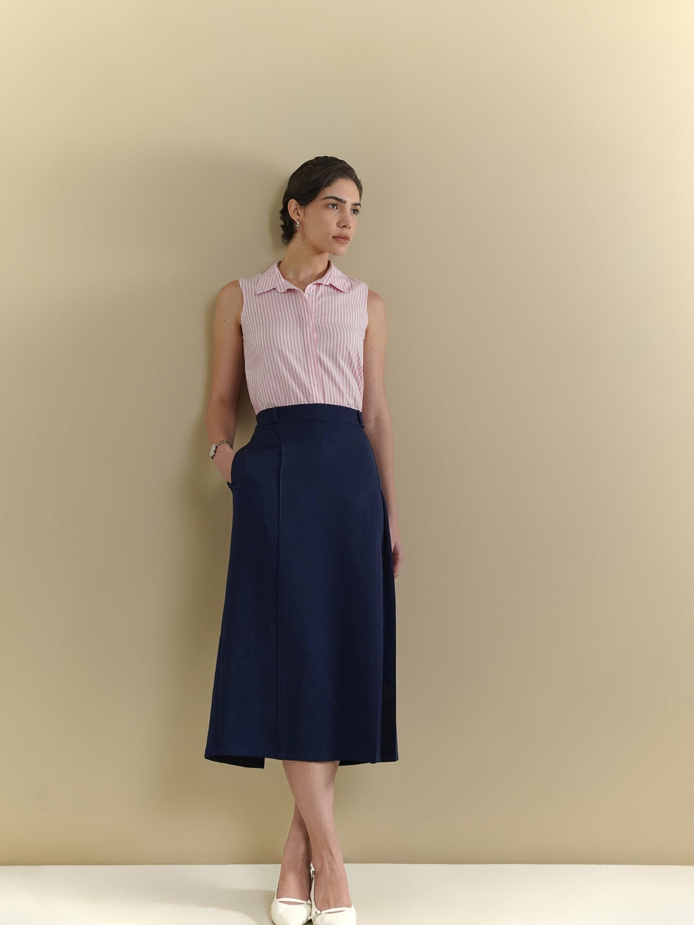 A-Line Pleated Skirt - Navy Blue