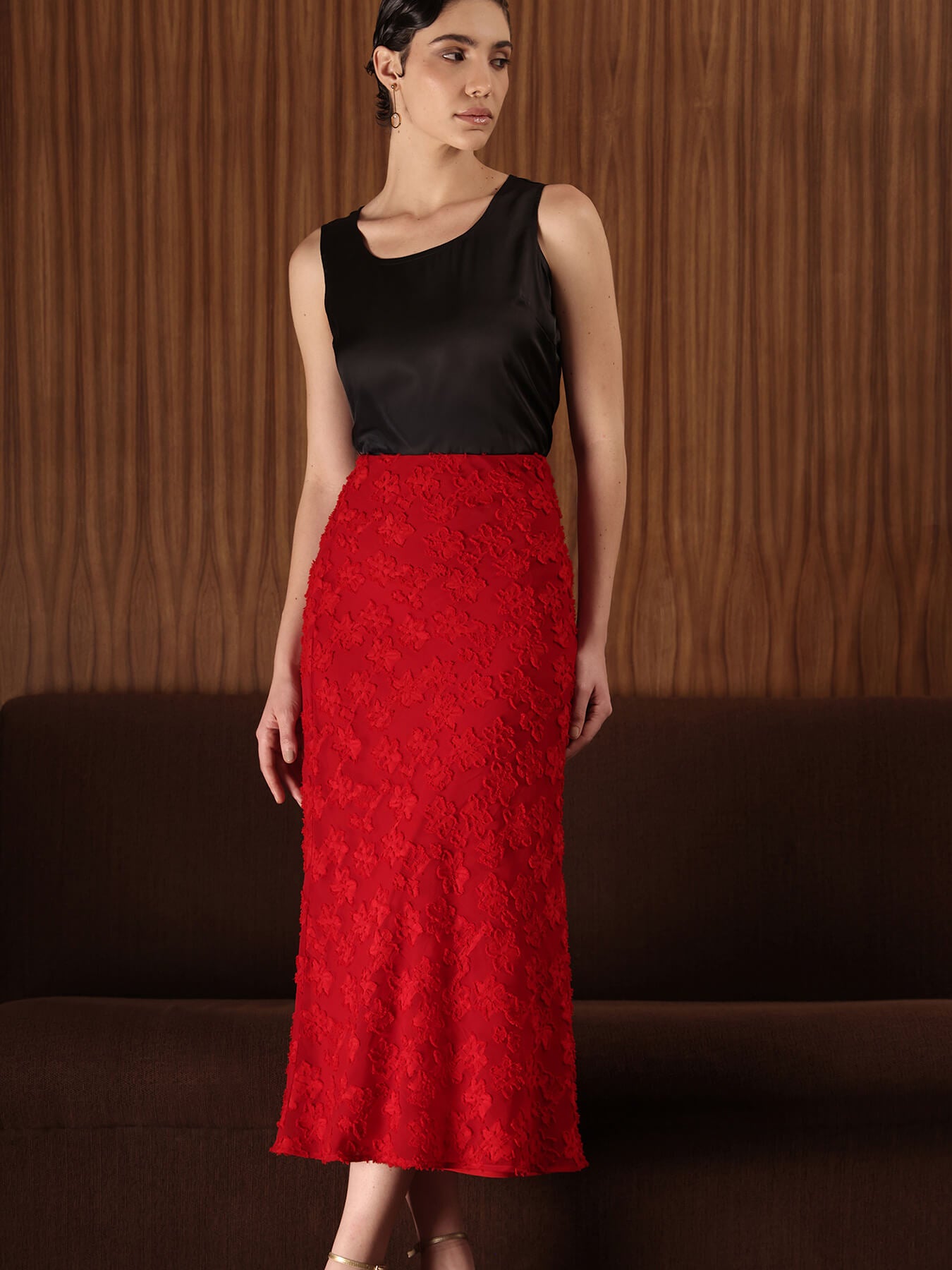 Georgette Floral Midi Skirt - Red