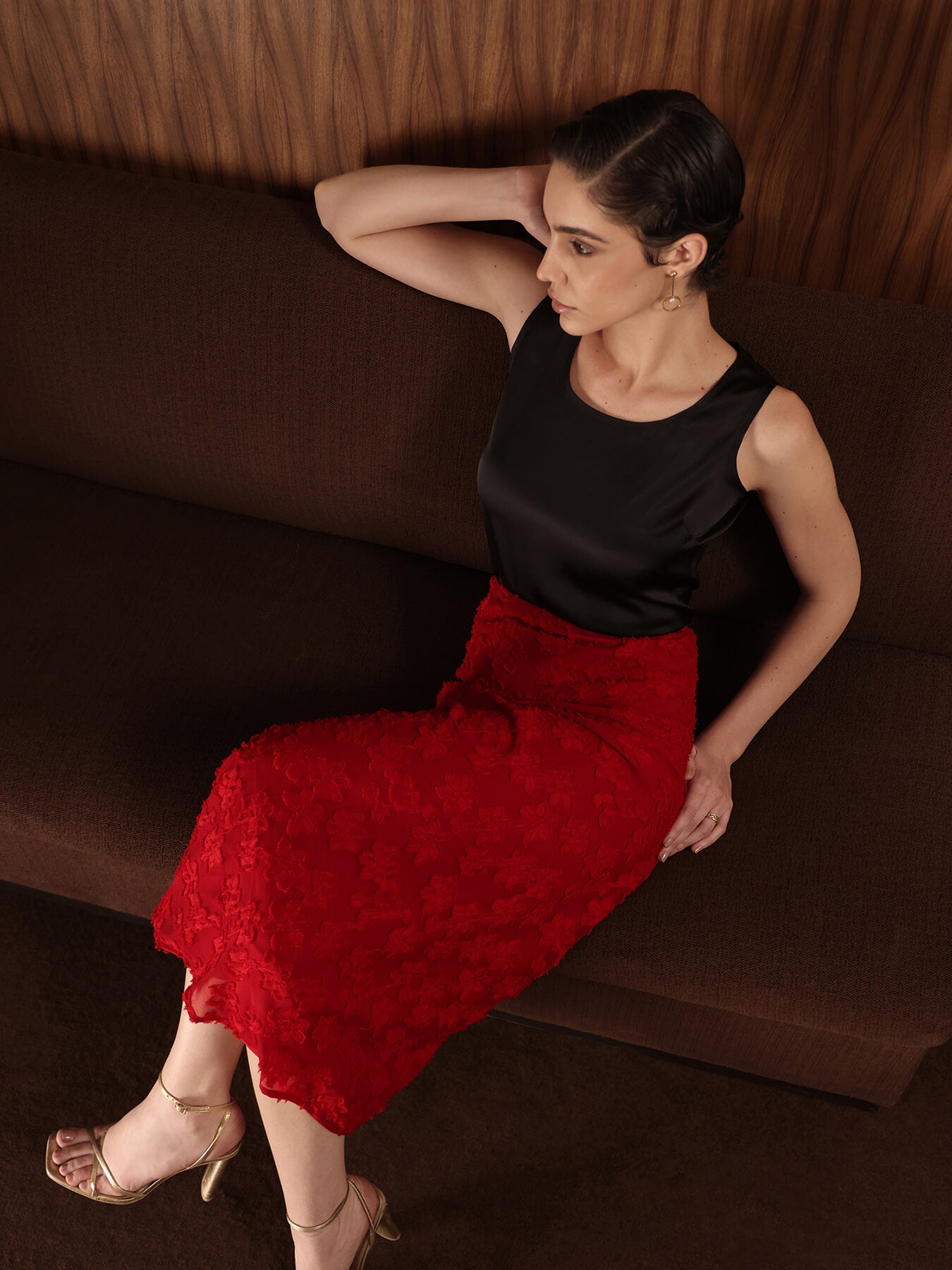 Georgette Floral Midi Skirt - Red