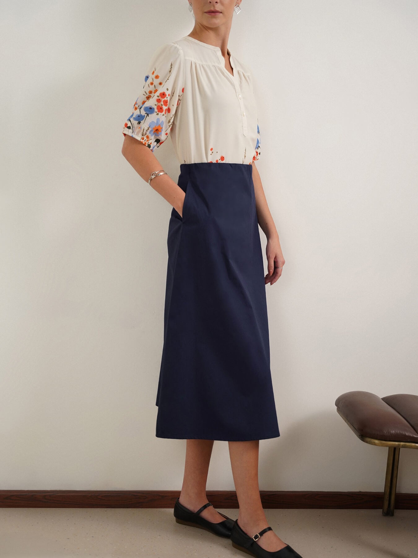 Cotton A-Line Skirt - Navy Blue