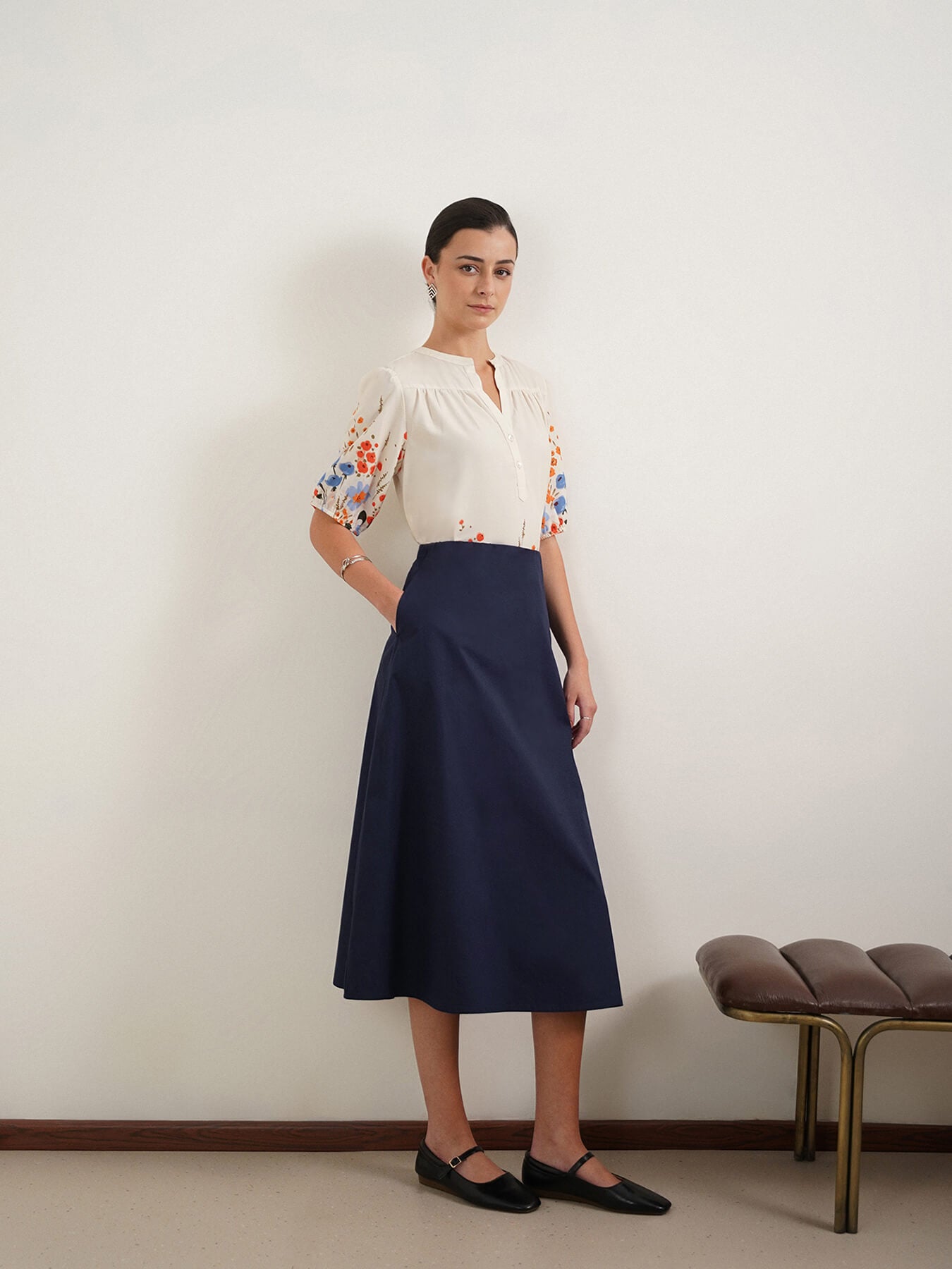 Cotton A-Line Skirt - Navy Blue