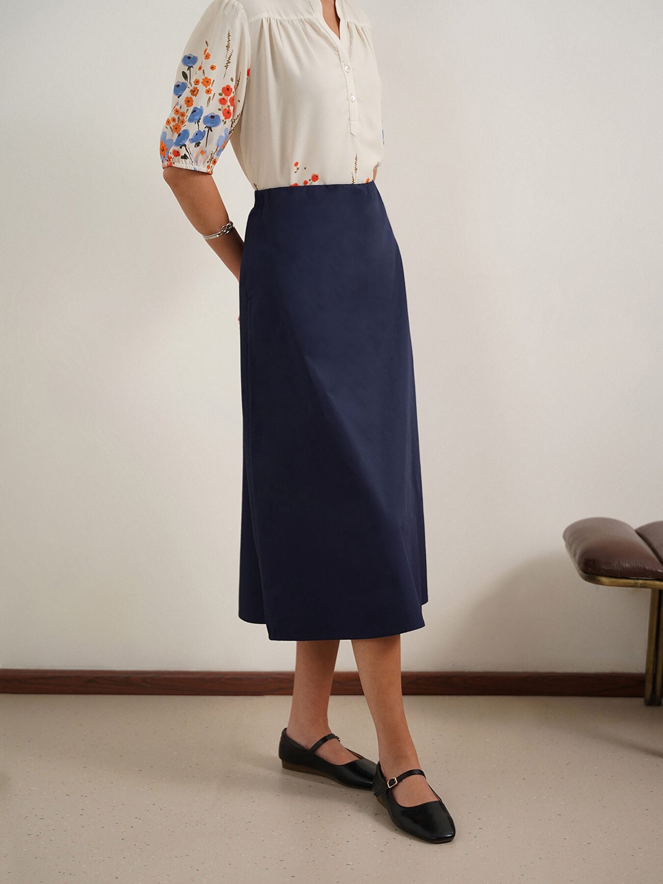 Cotton A-Line Skirt - Navy Blue