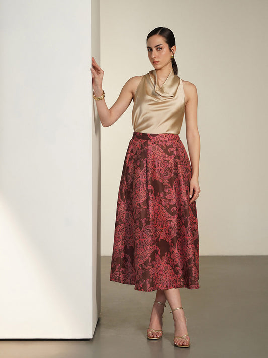Printed A-line Skirt - Brown
