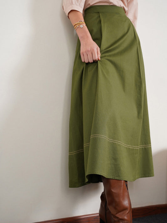 Pure Cotton Flared Skirt - Olive
