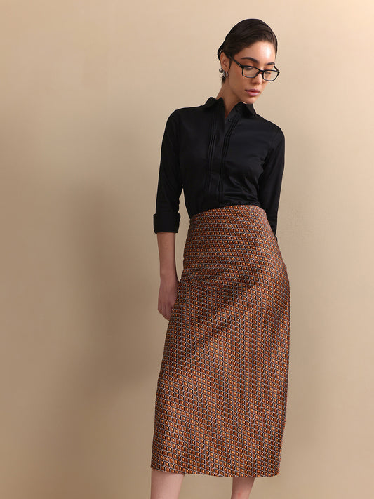 Satin Retro Print Midi Skirt - Rust