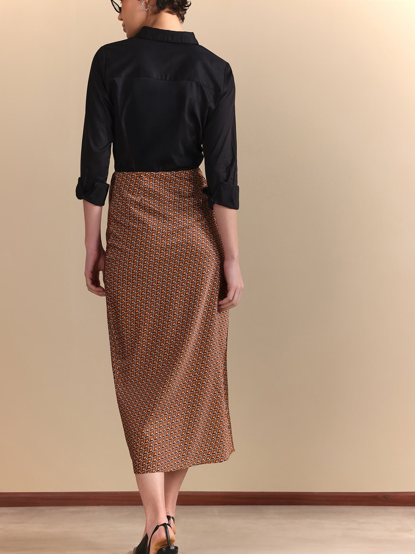 Satin Retro Print Midi Skirt - Rust